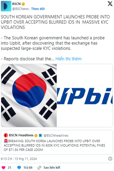 South Korea's Largest Exchange Upbit Shocked in Recent Investigation - Source: X by user @BSNews